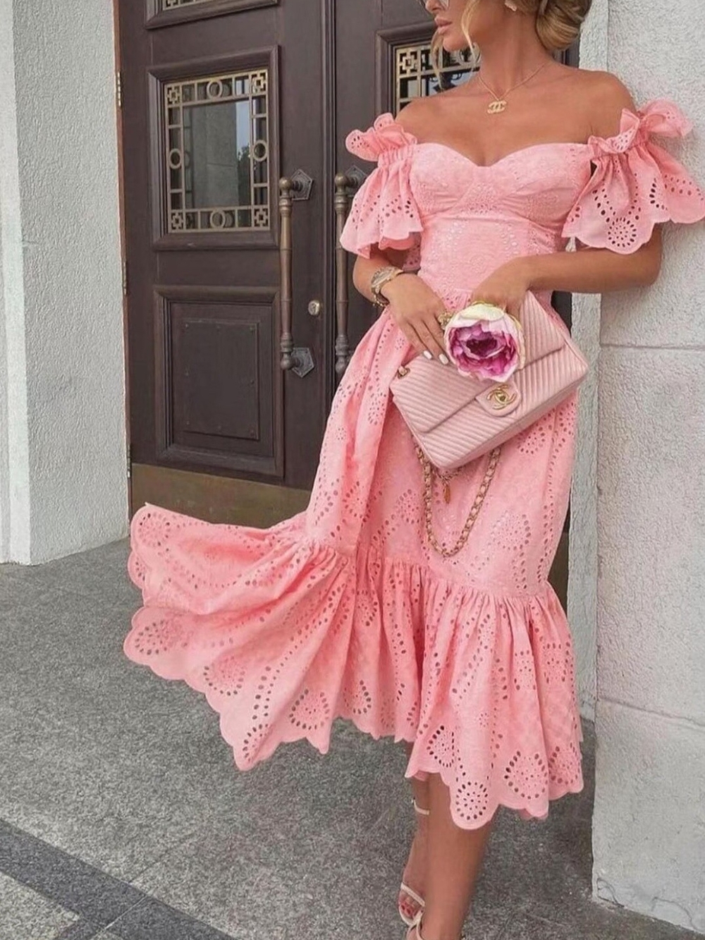 Off-Shoulder Eyelet Midi Dress in Pink